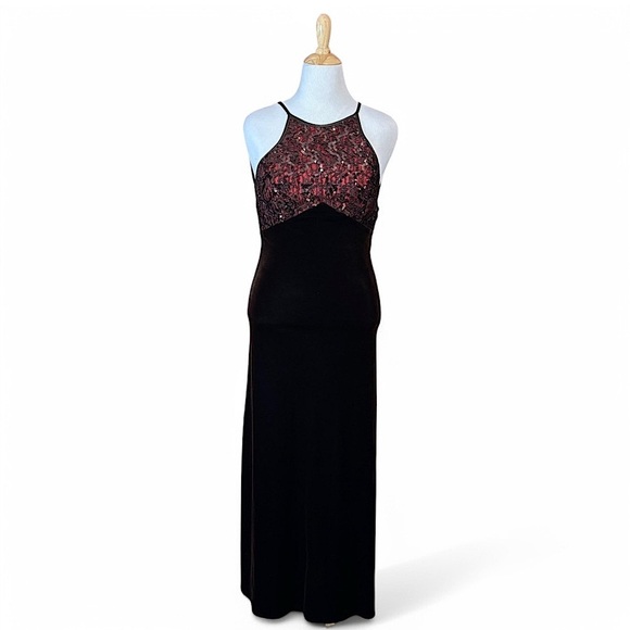 Y2K Betsy & Adam Sequin Lace Maxi Dress Sz 9/10 Black Velvet Open Back Prom - Picture 1 of 8